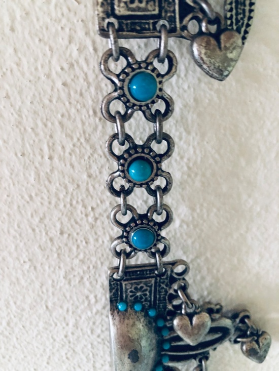 Vintage 90s Silver Turquoise Chain Belt Western Boho Medallion Adjustable 43in main image 5